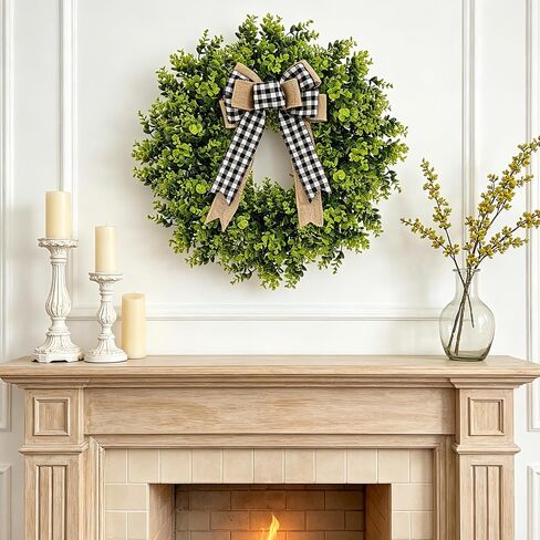 28'' Large Boxwood Wreath with Bowknot for Front Door, Artificial Greenery Door Wreath Home Decor for Wall Porch Window Kitchen Outdoor Indoor Wedding, All Seasons in Saudi Arabia