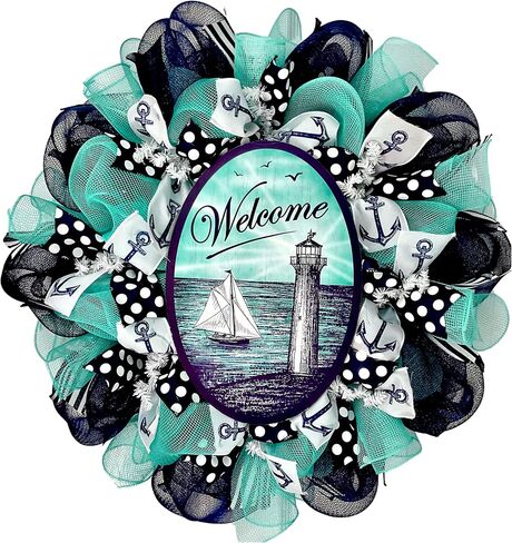 Coastal Wreath, Luxury Handmade – Welcome Coastal Lighthouse with Sailboat Front Door Decor, 24 or 28 Inch in Saudi Arabia