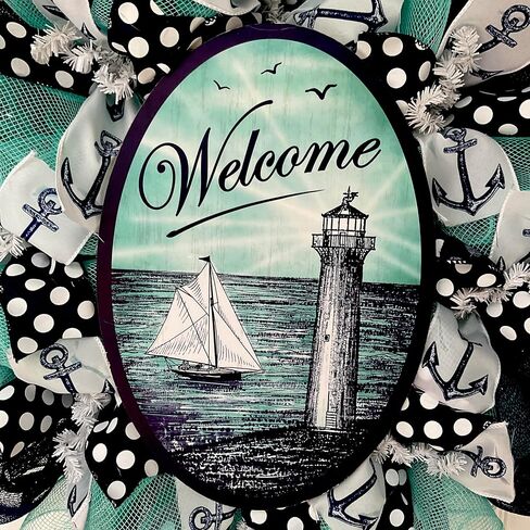 Coastal Wreath, Luxury Handmade – Welcome Coastal Lighthouse with Sailboat Front Door Decor, 24 or 28 Inch in Saudi Arabia