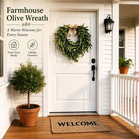 24 Inch Olive Wreath for Front Door, Spring Summer Farmhouse Decor | Burlap Bow, Artificial Greenery Olive Leaf & Berry, All Season Indoor Outdoor Porch Wall Entryway Decor in Saudi Arabia