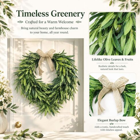 24 Inch Olive Wreath for Front Door, Spring Summer Farmhouse Decor | Burlap Bow, Artificial Greenery Olive Leaf & Berry, All Season Indoor Outdoor Porch Wall Entryway Decor in Saudi Arabia