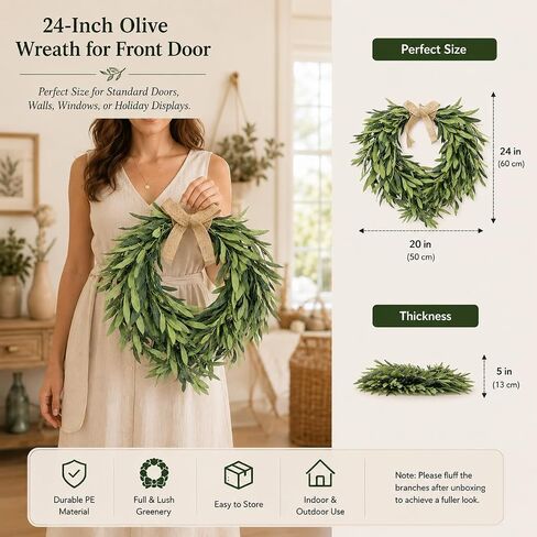 24 Inch Olive Wreath for Front Door, Spring Summer Farmhouse Decor | Burlap Bow, Artificial Greenery Olive Leaf & Berry, All Season Indoor Outdoor Porch Wall Entryway Decor in Saudi Arabia