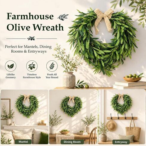 24 Inch Olive Wreath for Front Door, Spring Summer Farmhouse Decor | Burlap Bow, Artificial Greenery Olive Leaf & Berry, All Season Indoor Outdoor Porch Wall Entryway Decor in Saudi Arabia