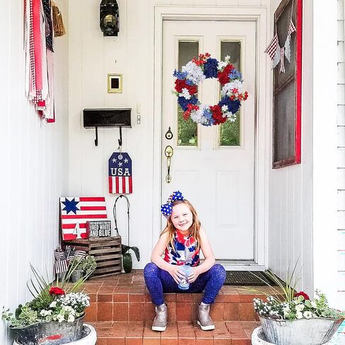 4th of July Wreath - Red White Blue Silk Hydrangea Patriotic Wreaths for Front Door, Memorial & Independence Day Decorations, Americana Decor for Porch Wall Window Outdoor (16", Green Leaves) in Saudi Arabia