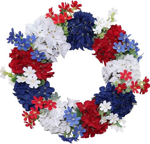 4th of July Wreath - Red White Blue Silk Hydrangea Patriotic Wreaths for Front Door, Memorial & Independence Day Decorations, Americana Decor for Porch Wall Window Outdoor (16", Green Leaves) in Saudi Arabia