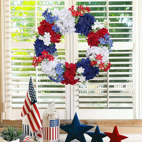 4th of July Wreath - Red White Blue Silk Hydrangea Patriotic Wreaths for Front Door, Memorial & Independence Day Decorations, Americana Decor for Porch Wall Window Outdoor (16", Green Leaves) in Saudi Arabia