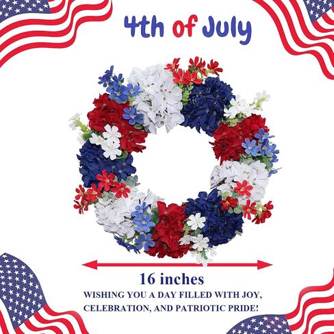 4th of July Wreath - Red White Blue Silk Hydrangea Patriotic Wreaths for Front Door, Memorial & Independence Day Decorations, Americana Decor for Porch Wall Window Outdoor (16", Green Leaves) in Saudi Arabia