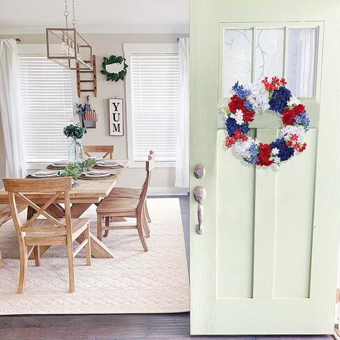 4th of July Wreath - Red White Blue Silk Hydrangea Patriotic Wreaths for Front Door, Memorial & Independence Day Decorations, Americana Decor for Porch Wall Window Outdoor (16", Green Leaves) in Saudi Arabia