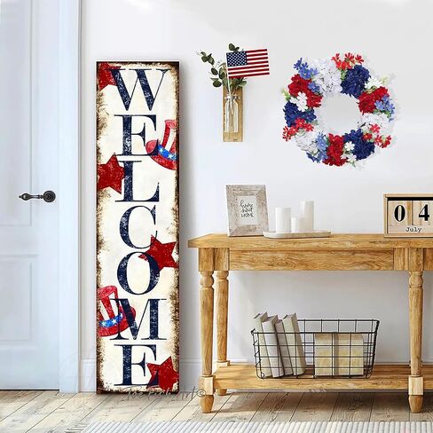 4th of July Wreath - Red White Blue Silk Hydrangea Patriotic Wreaths for Front Door, Memorial & Independence Day Decorations, Americana Decor for Porch Wall Window Outdoor (16", Green Leaves) in Saudi Arabia