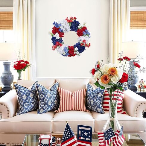 4th of July Wreath - Red White Blue Silk Hydrangea Patriotic Wreaths for Front Door, Memorial & Independence Day Decorations, Americana Decor for Porch Wall Window Outdoor (16", Green Leaves) in Saudi Arabia