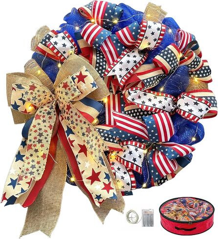 250th Anniversary Patriotic Wreaths for Front Door, 24 Inch Large 4th of July Decorations, Handcrafted Ribbon Burlap Bow, Red White and Blue Memorial Day Wreath with Lights & Storage Bag in Saudi Arabia