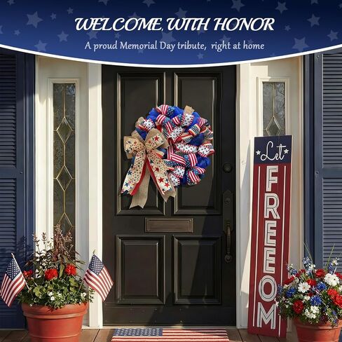250th Anniversary Patriotic Wreaths for Front Door, 24 Inch Large 4th of July Decorations, Handcrafted Ribbon Burlap Bow, Red White and Blue Memorial Day Wreath with Lights & Storage Bag in Saudi Arabia