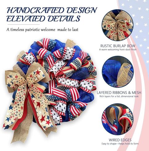 250th Anniversary Patriotic Wreaths for Front Door, 24 Inch Large 4th of July Decorations, Handcrafted Ribbon Burlap Bow, Red White and Blue Memorial Day Wreath with Lights & Storage Bag in Saudi Arabia