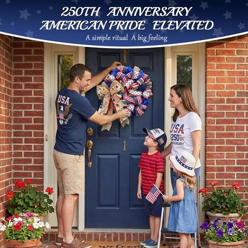 250th Anniversary Patriotic Wreaths for Front Door, 24 Inch Large 4th of July Decorations, Handcrafted Ribbon Burlap Bow, Red White and Blue Memorial Day Wreath with Lights & Storage Bag in Saudi Arabia