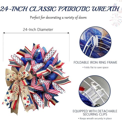 250th Anniversary Patriotic Wreaths for Front Door, 24 Inch Large 4th of July Decorations, Handcrafted Ribbon Burlap Bow, Red White and Blue Memorial Day Wreath with Lights & Storage Bag in Saudi Arabia