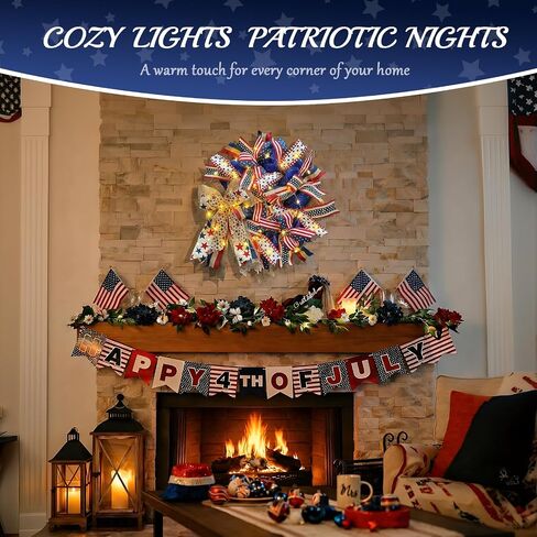 250th Anniversary Patriotic Wreaths for Front Door, 24 Inch Large 4th of July Decorations, Handcrafted Ribbon Burlap Bow, Red White and Blue Memorial Day Wreath with Lights & Storage Bag in Saudi Arabia