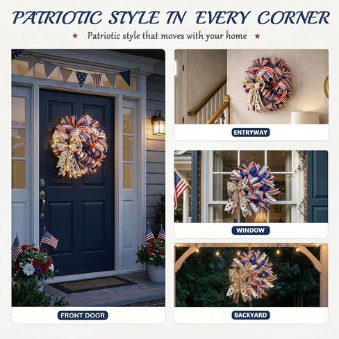 250th Anniversary Patriotic Wreaths for Front Door, 24 Inch Large 4th of July Decorations, Handcrafted Ribbon Burlap Bow, Red White and Blue Memorial Day Wreath with Lights & Storage Bag in Saudi Arabia