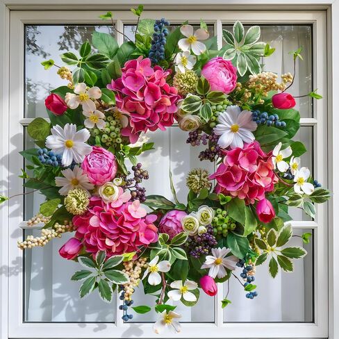 Spring Wreaths for Front Door Outside Summer Wreath 24 Inch with Luxury Peony & Hydrangea Floral Wreaths with Greenery Colorful Seasonal Spring Door Wreath for Outdoor Home Decor in Saudi Arabia