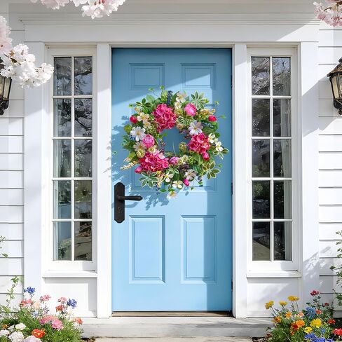 Spring Wreaths for Front Door Outside Summer Wreath 24 Inch with Luxury Peony & Hydrangea Floral Wreaths with Greenery Colorful Seasonal Spring Door Wreath for Outdoor Home Decor in Saudi Arabia