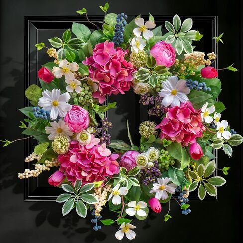Spring Wreaths for Front Door Outside Summer Wreath 24 Inch with Luxury Peony & Hydrangea Floral Wreaths with Greenery Colorful Seasonal Spring Door Wreath for Outdoor Home Decor in Saudi Arabia