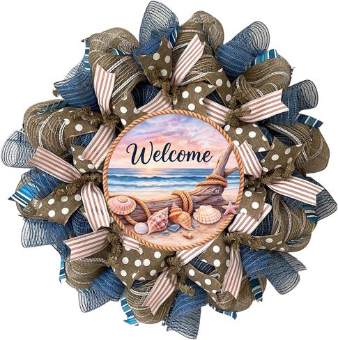 Coastal Wreath, Luxury Handmade – Welcome Seashell Burlap Front Door Decor, 24 or 28 Inch in Kuwait