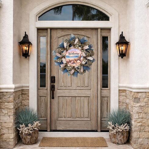 Coastal Wreath, Luxury Handmade – Welcome Seashell Burlap Front Door Decor, 24 or 28 Inch in Kuwait