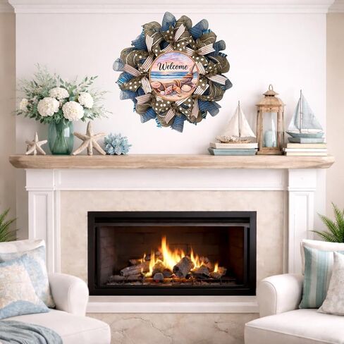 Coastal Wreath, Luxury Handmade – Welcome Seashell Burlap Front Door Decor, 24 or 28 Inch in Kuwait