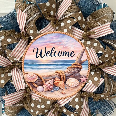 Coastal Wreath, Luxury Handmade – Welcome Seashell Burlap Front Door Decor, 24 or 28 Inch in Kuwait