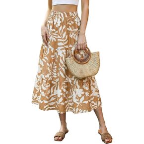 SEAFORM Women's Boho Floral Print Midi Skirt A-Line Elastic High Waist Flowy Long Skirts Casual Summer Beach Vacation Skirt in Saudi Arabia
