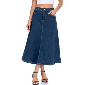 Denim Skirt for Women Strechy High Wasited A Line Casual Midi Jean Skirts with Pockets in Saudi Arabia
