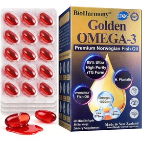 BioHarmony Fish Oil Omega-3 1020mg – 85% rTG High Absorption with EPA 576mg DHA 384mg – IFOS 5 Star Norwegian Fish Oil, Blister Pack, Manufactured in New Zealand, 60 Softgels in Saudi Arabia