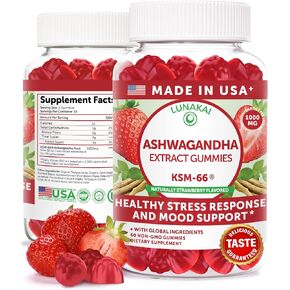 Lunakai USA Made KSM-66 Ashwagandha Gummies للنساء والرجال - مكمل نباتي يومي لدعم الإجهاد والمزاج والنوم، 60 قيراط in Kuwait