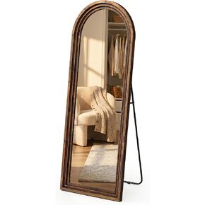 Arched Wood Floor Mirror with Stand, 63" x 21" Rustic Walnut Triple-Layer Solid Wood Frame Full Length Body Mirror, Shatterproof Tempered Glass, Wall Mounted or Leaning for Bedroom Entryway in Saudi Arabia
