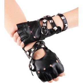 Ladies PU Leather Punk Gloves - 80s Style Punk Biker Fingerless Glove Driving Cycling Sports Cosplay Performance Half Finger Studded Gloves for Women Teens in Saudi Arabia