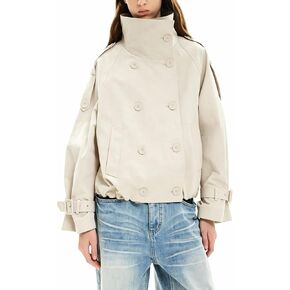 Womens Cropped Trench Coat Funnel Neck Double Breasted Pleated Hem Trendy Fall Outfits Spring Jackets with Pockets in Saudi Arabia