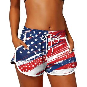 Women 4th of July Beach Shorts Patriotic Board Shorts Print American Flag with Elastic Drawstring & Pockets in Saudi Arabia