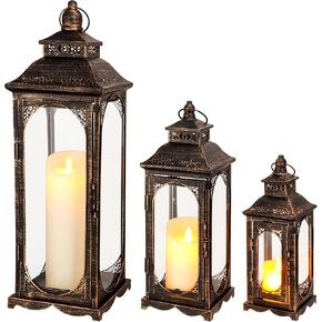 TRIROCKS Set of 3 Vintage Candle Lanterns 10/14/19.5''H Decorative Outdoor Lantern Metal Candle Holder with Tempered Glass for Home Living Room Garden Yard Event Indoor Outdoor (Black with Gold Brush) in Saudi Arabia