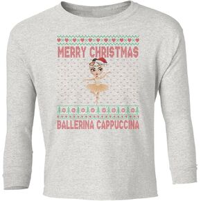 Ballerina Cappuccina Xmas – Brainrot Christmas Ugly Youth Long Sleeve T-Shirt in Saudi Arabia