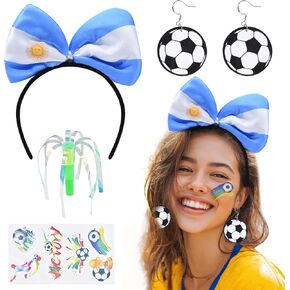 Argentina Soccer Fan Accessories Set for Adults – Argentina Flag Bow Headband, Soccer Ball Earrings, Tattoo Stickers and Cheer Wand for Football Game Day, Sports Party and Team Support in Saudi Arabia