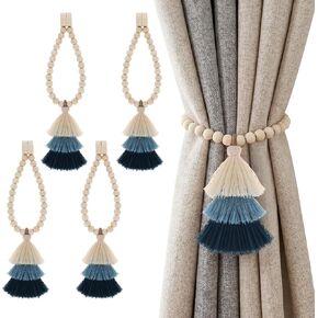 Magnetic Curtain Tiebacks with Wood Beads,2PCS Boho Curtain Tie Backs with Triple Tassels,No Drill Drapery Blue Curtain Ties,Decorative Curtain Holders for Farmhouse,Bedroom,Living Room (2, Blue) in Saudi Arabia