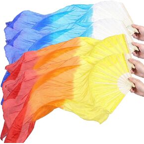 Women Faux Silk Belly Dance Fan Veil Set of 4 Pieces (2 Pairs), Handmade with Faux Silk & Basswood, Long Dance Fans for Performances, Stage Shows, Photography - Gradient Color Design in Kuwait