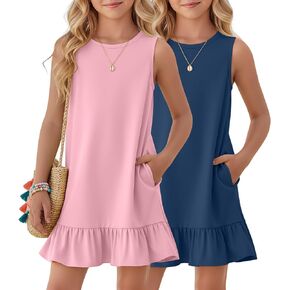 Halfchet 2 Pack Girls Dresses Sleeveless Summer Ruffle Hem Crewneck Sundresses Casual Loose Kids Teen Tank Dress with Pockets in Kuwait