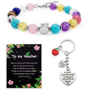 Teacher Appreciation Gifts Bracelet for Women, Natural 7 Chakra Crystal Beaded Bracelet with Apple Charm, Graduation Thank You Gift for Teacher, End of Year Teacher Gifts with Keychain & Gift Box in Saudi Arabia