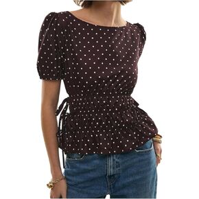 Verdusa Women's Polka Dots Dressy Blouses Bow Knot Slit Cinched Waist Tops Chic Elegant Outfits in Kuwait