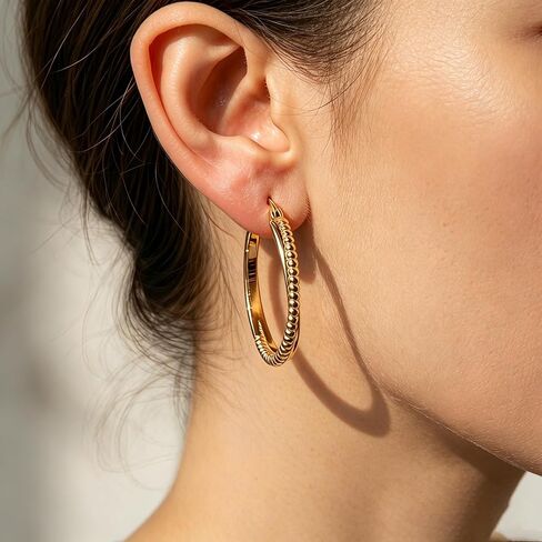 14K Gold Huggie Hoop Earrings 30mm Textured Beaded Gold Hoop Earrings Minimalist Gold Earrings for Women Lightweight Hoop Earrings for Daily Wear & Gifting in Saudi Arabia