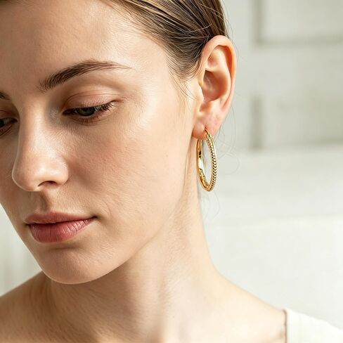 14K Gold Huggie Hoop Earrings 30mm Textured Beaded Gold Hoop Earrings Minimalist Gold Earrings for Women Lightweight Hoop Earrings for Daily Wear & Gifting in Saudi Arabia