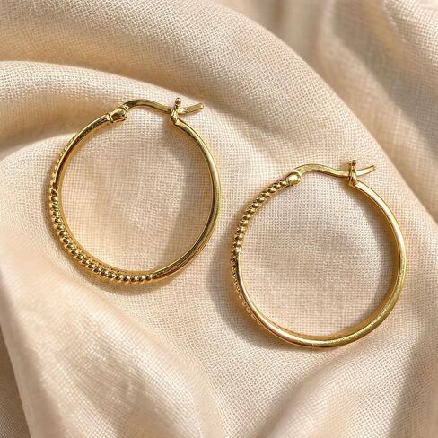 14K Gold Huggie Hoop Earrings 30mm Textured Beaded Gold Hoop Earrings Minimalist Gold Earrings for Women Lightweight Hoop Earrings for Daily Wear & Gifting in Saudi Arabia