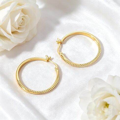 14K Gold Huggie Hoop Earrings 30mm Textured Beaded Gold Hoop Earrings Minimalist Gold Earrings for Women Lightweight Hoop Earrings for Daily Wear & Gifting in Saudi Arabia