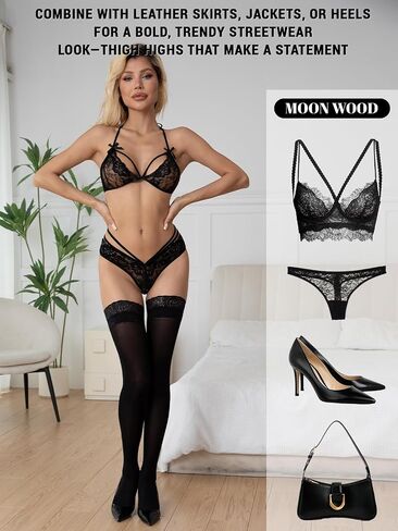 Moon Wood Thigh High Stockings for Women Silicone Lace Top Stay Up Semi Sheer Pantyhose Nylon Stockings for Daily Party in Kuwait