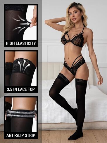 Moon Wood Thigh High Stockings for Women Silicone Lace Top Stay Up Semi Sheer Pantyhose Nylon Stockings for Daily Party in Kuwait